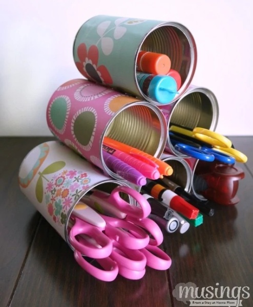 Soup Can to DIY Makeup Brush Holder  Cleaned metal soup cans are great for  repurposing and updating. Making them an easy and cost-effective way to  organize your home. Making a DIY